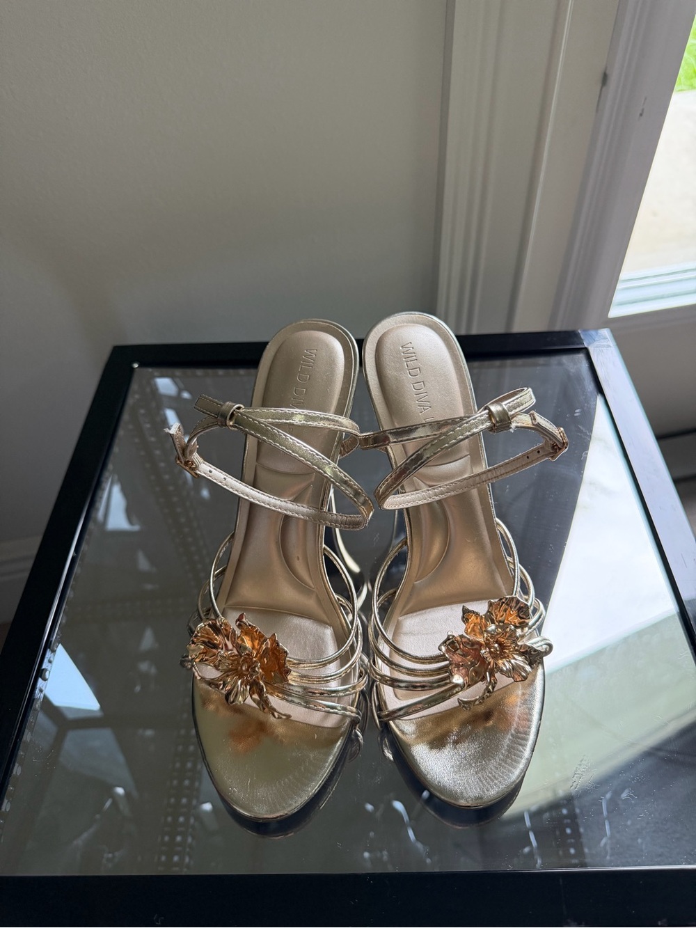 Wild Diva Gold Strappy Heels with Floral Gems